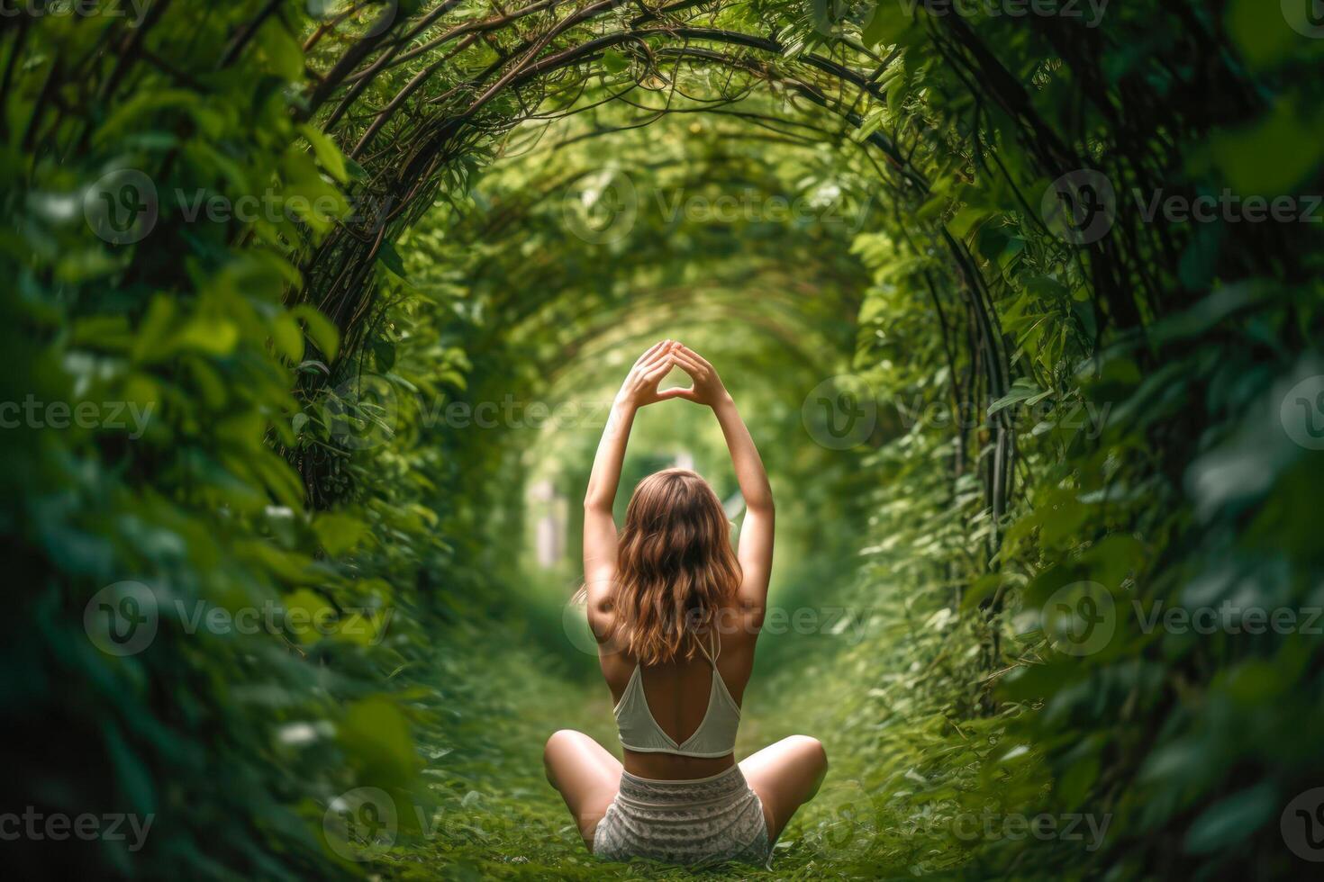 girl meditating in a green tunnel harmony with nature photo