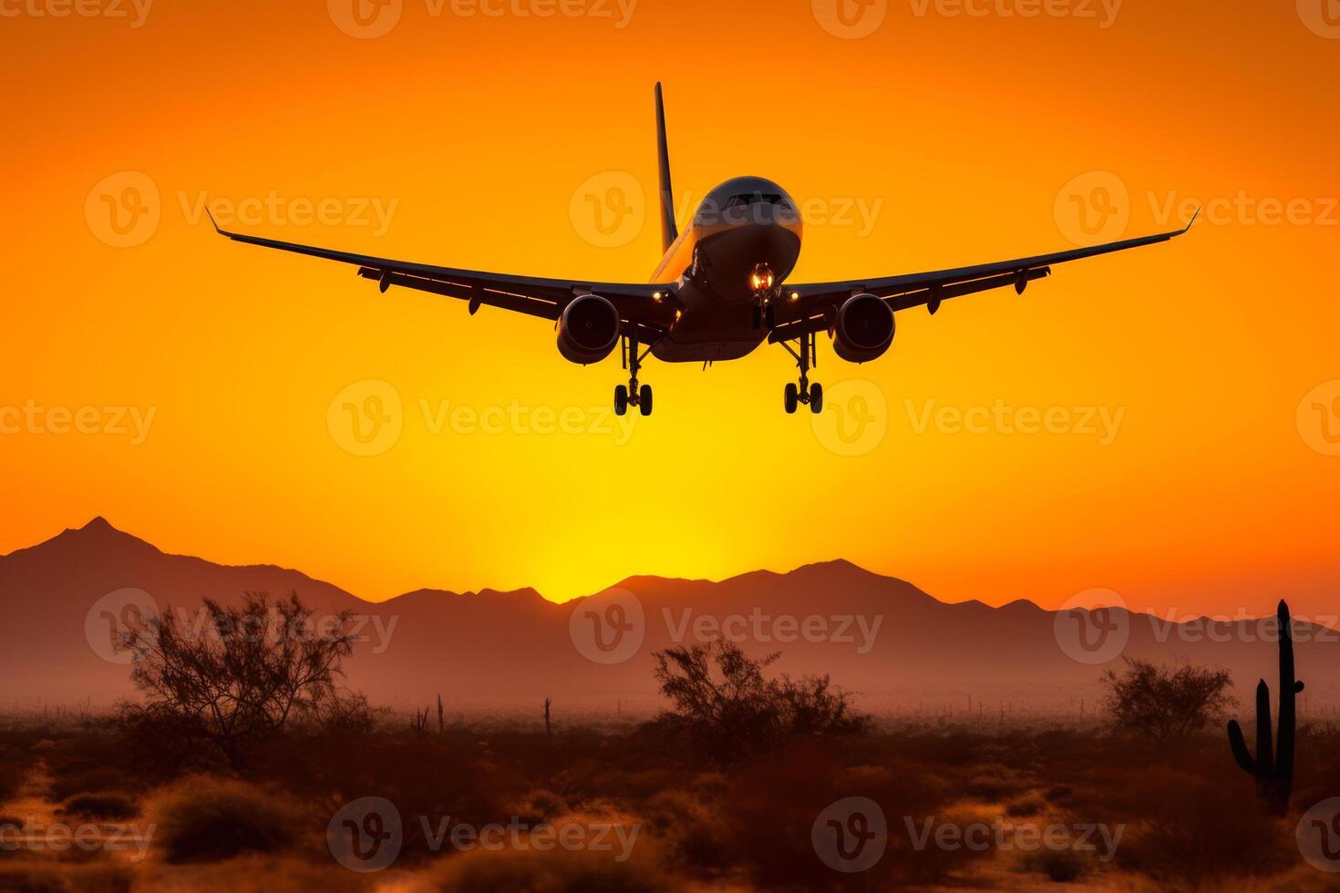 aterrizaje avión en el noche a el naranja cielo antecedentes generativo ai foto