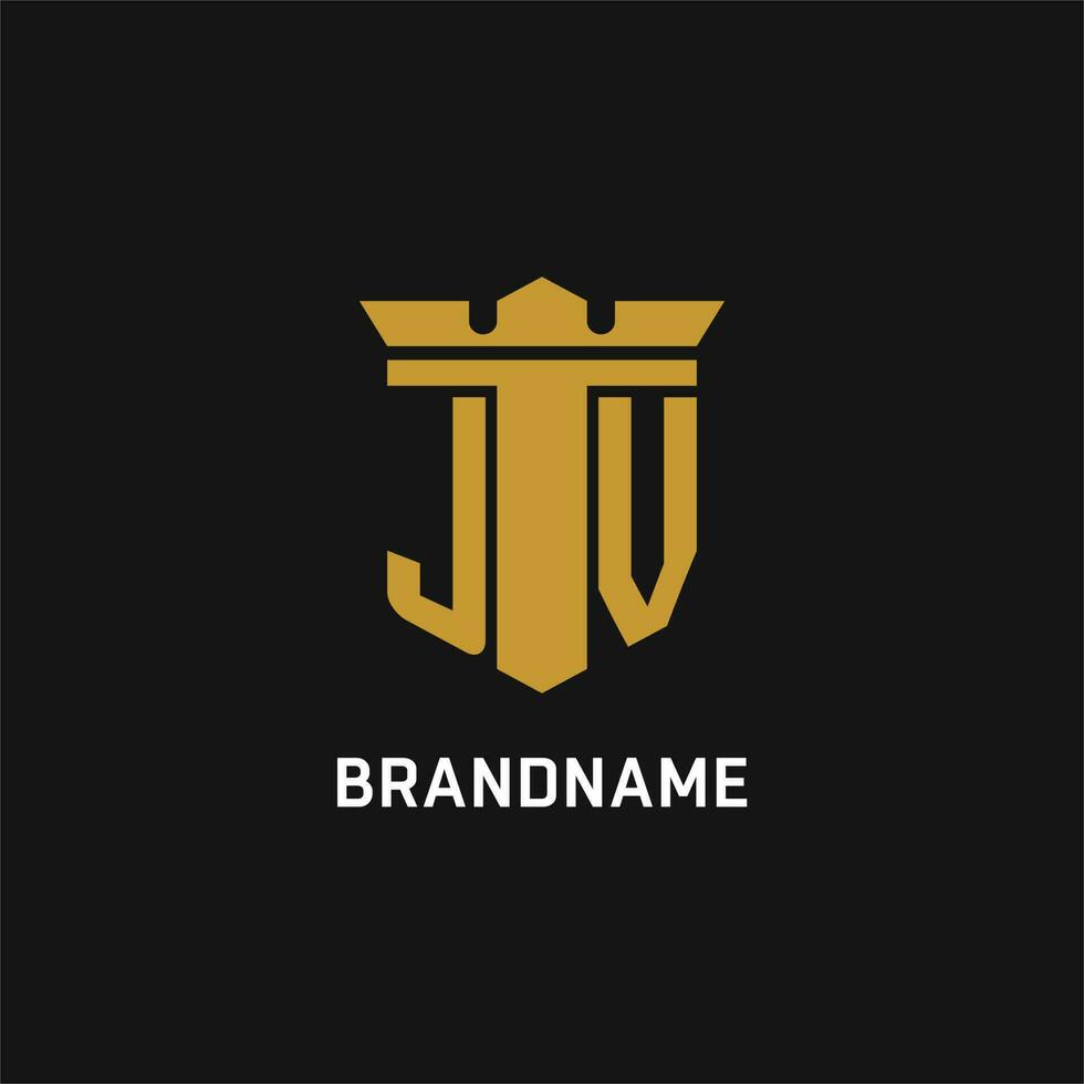 JV initial logo with shield and crown style vector