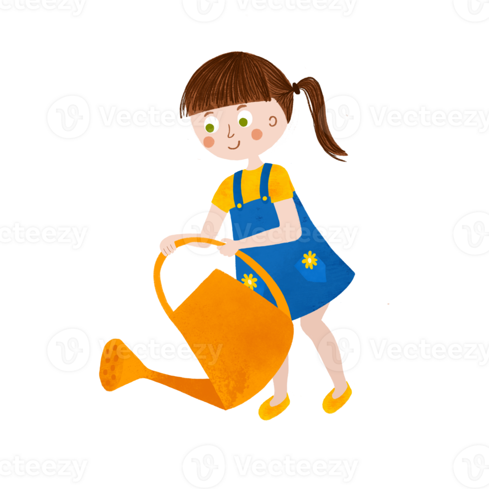 Girl watering garden isolated graphic element. Kids in the garden illustration. Cartoon people character design. Hand drawn girl with watering can. png