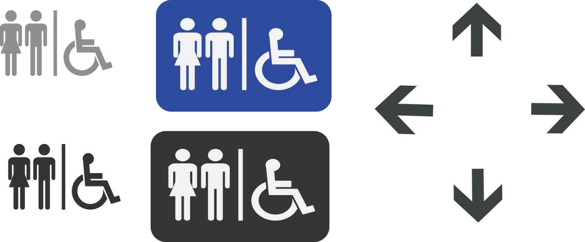 set of toilet signs for men, women and disabled with signs for direction vector