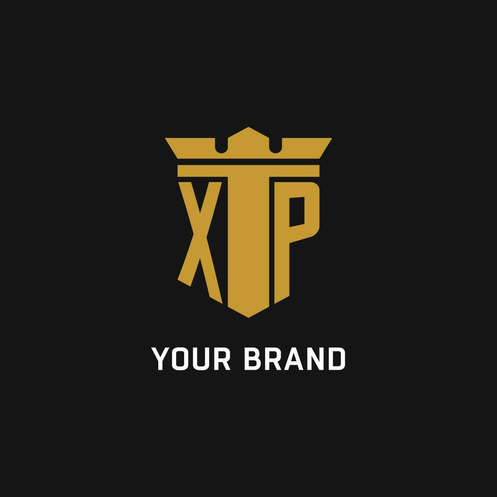 XP initial logo with shield and crown style vector