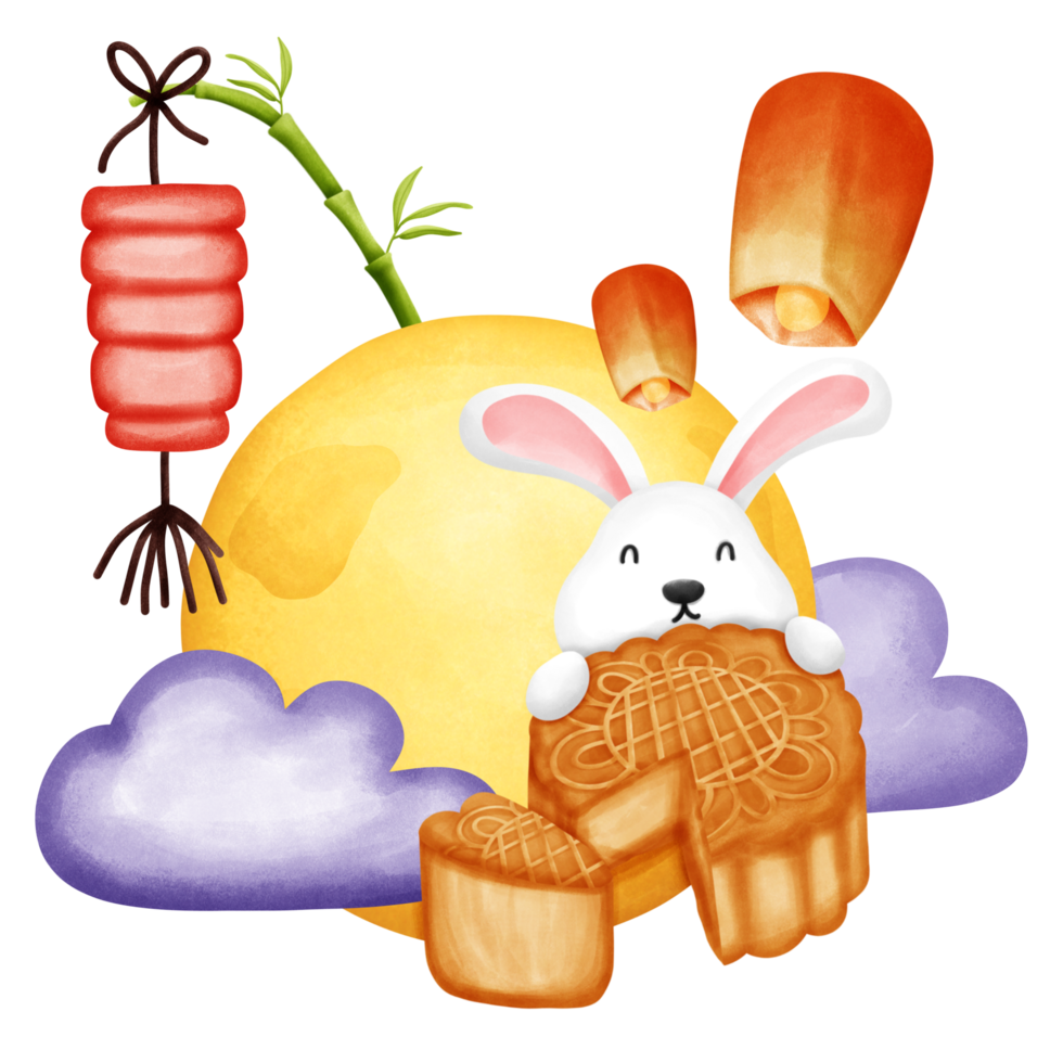 Mid autumn elements. Rabbit and moon cake. Watercolor painting. png