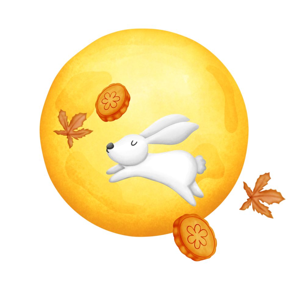 Mid autumn elements. Rabbit and moon cake. Watercolor painting. png