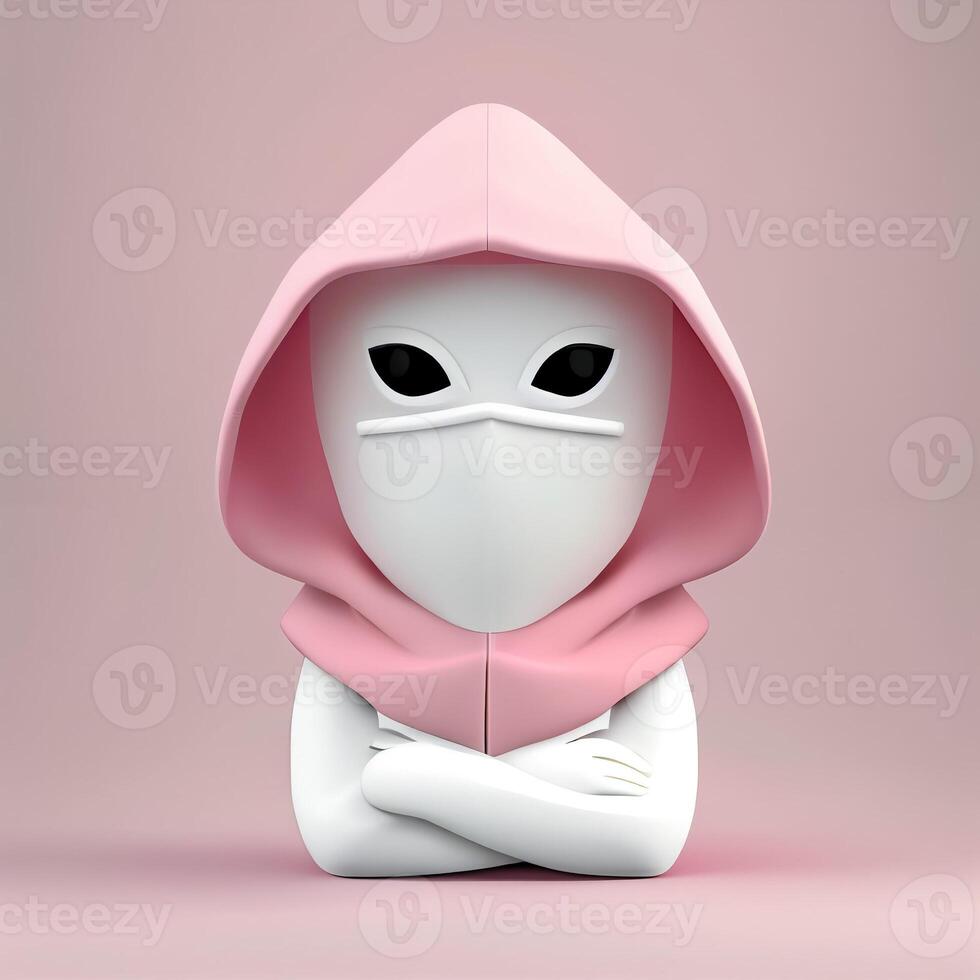 3D illustration of cute anonymous man with mask. Concept of hacker, ninja assassin, thief, wizard or money heist. Cybersecurity, Cybercrime, Cyberattack. photo