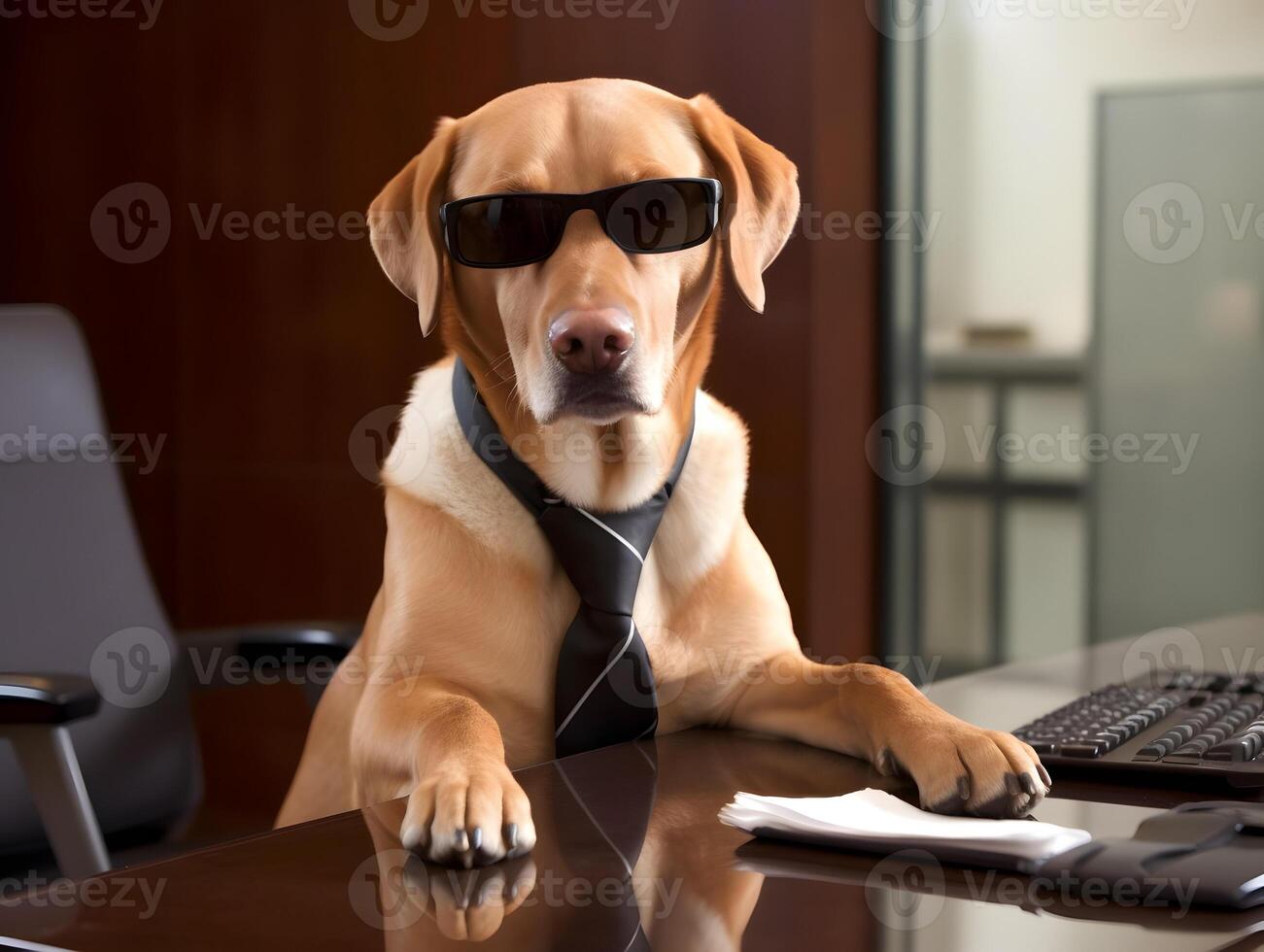Per dog working in office. Concept of officer, chairman, chief or boss. image photo