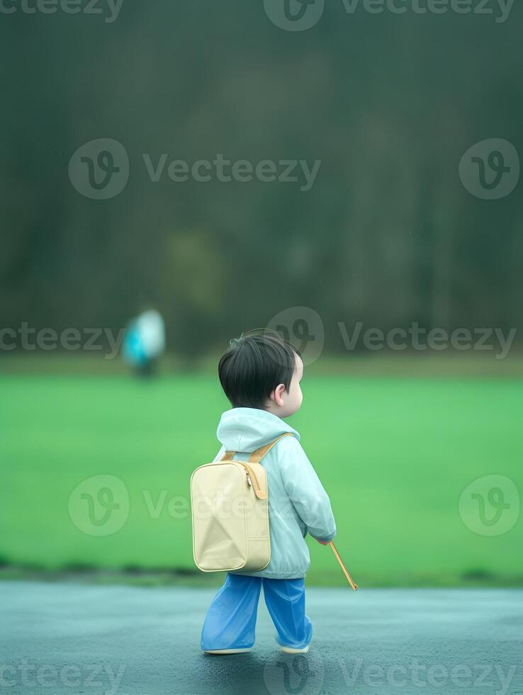 Child with raincoat and backpack. Concept of back to school. photo