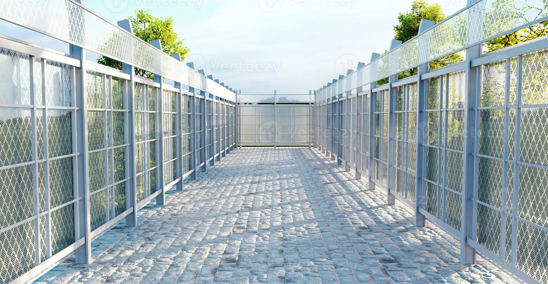 A multi-purpose courtyard with steel framed walls and steel mesh Open space showroom spacious concrete floor daytime backdrop Architectural background 3d illustration photo