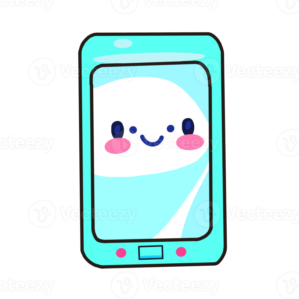 Watercolor and drawing for cute green happy smartphone. Digital painting of icon illustration. Social and technology concept. png