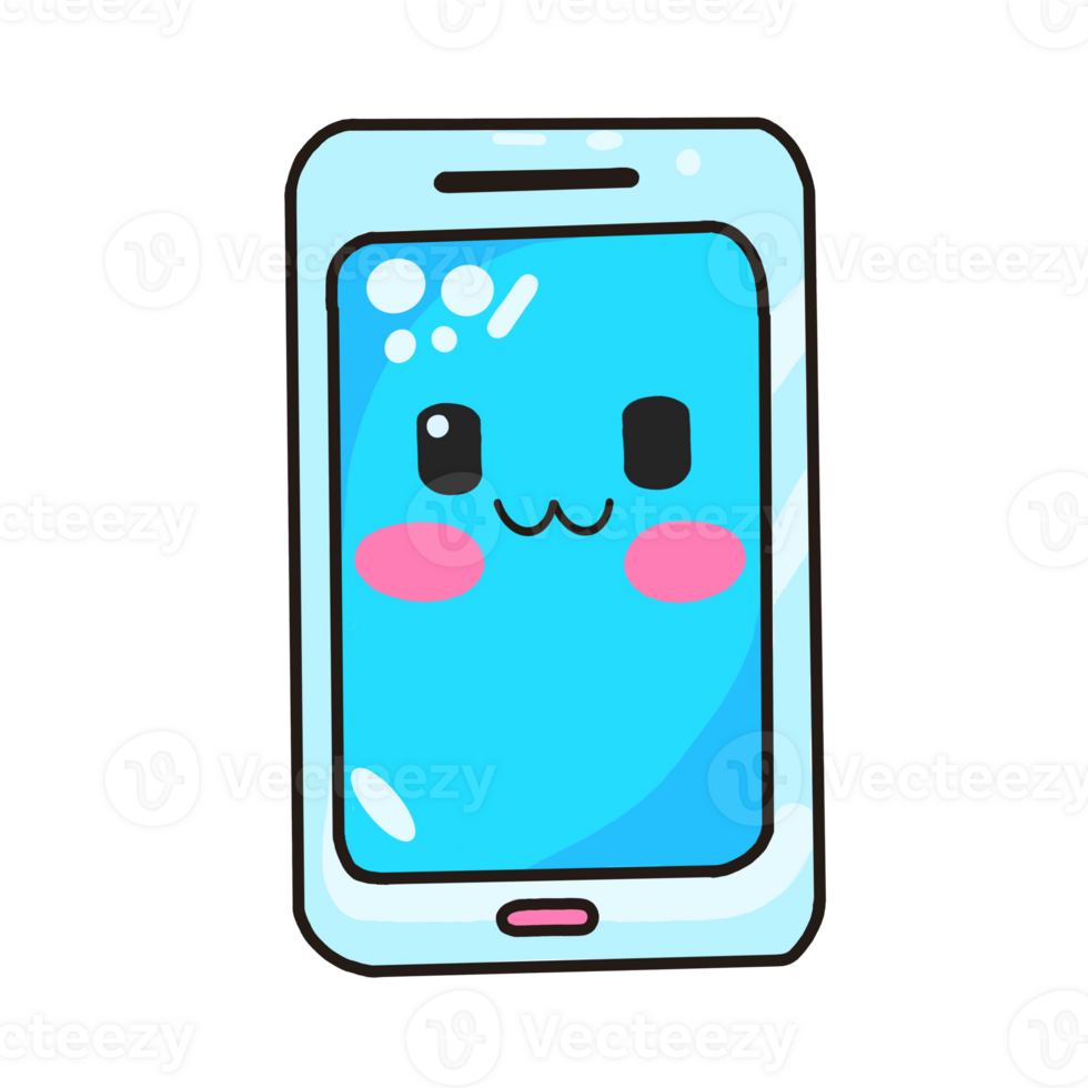 Watercolor and drawing for cute blue happy smartphone. Digital painting of icon illustration. Social and technology concept. png