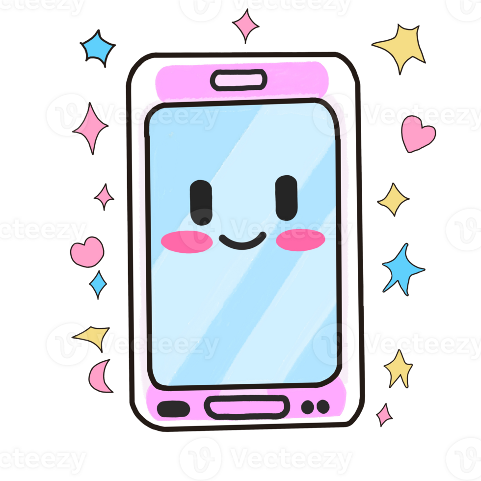 Watercolor and drawing for cute pink happy smartphone. Digital painting of icon illustration. Social and technology concept. png