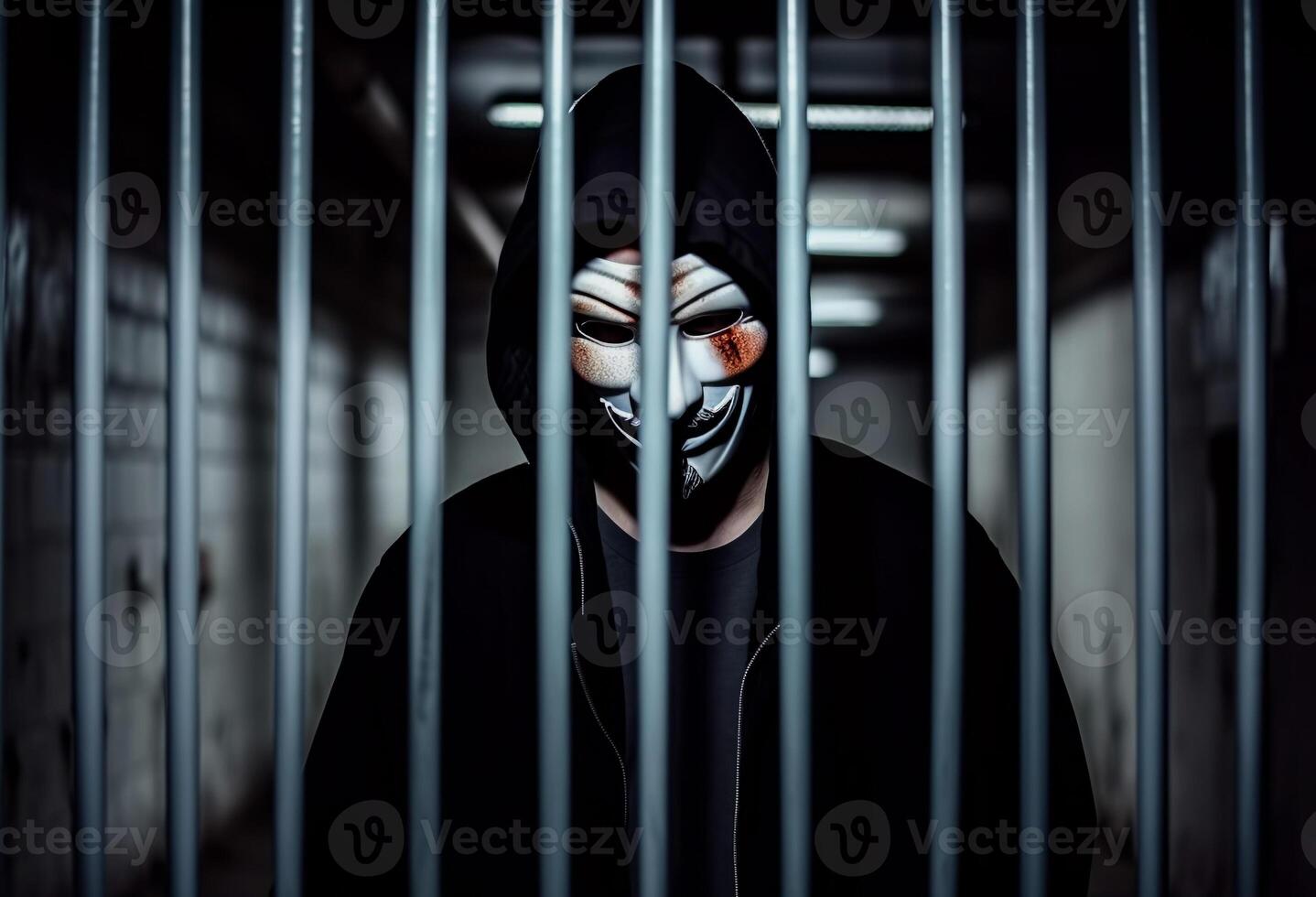 Anonymous hacker behind bars. Arrested in jail. Penalty due to cybercrime. photo