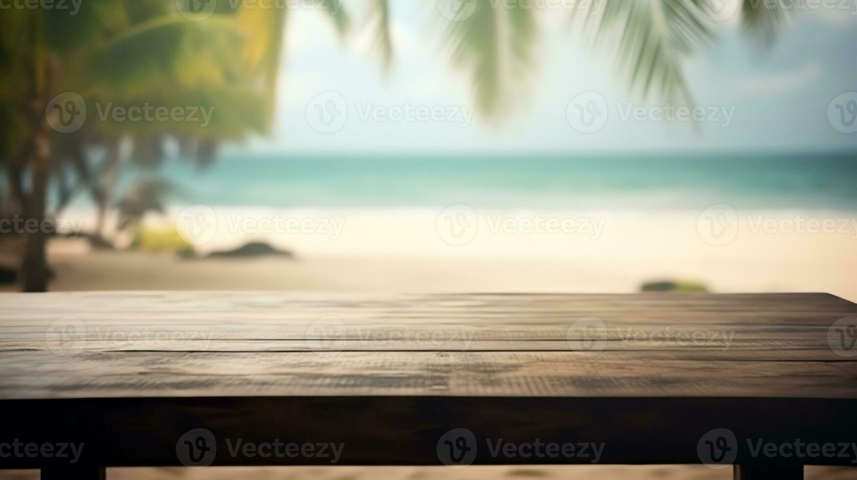 empty wood table mockup with blur beach background generated by ai photo
