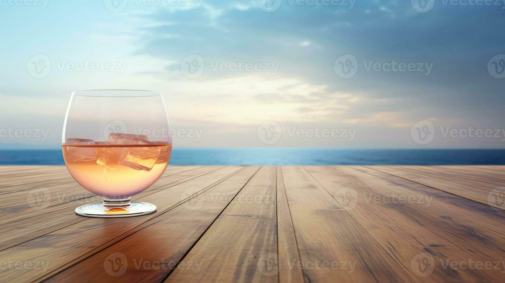 a glass of cocktail on wooden desk with ocean background generated by ai photo