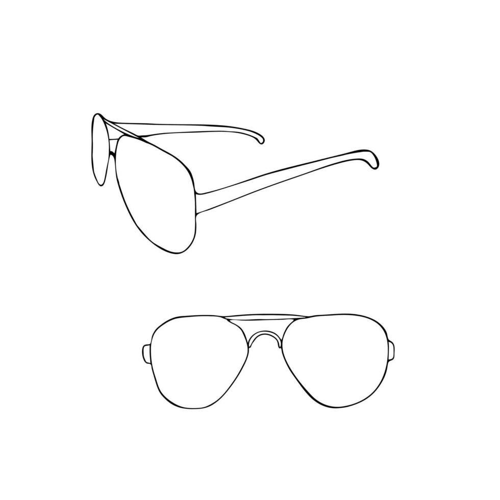 Front and side views of sunglasses. Simple vector hand drawn illustration. Fashion unisex summer sunglasses. Contour drawing isolated on white background. Primitive picture for design, print, cards