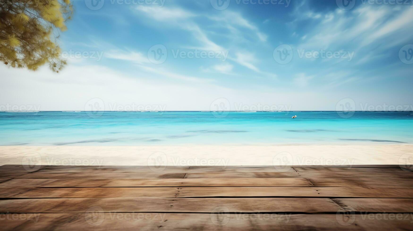 empty wooden table mockup in summer beach generated by ai photo
