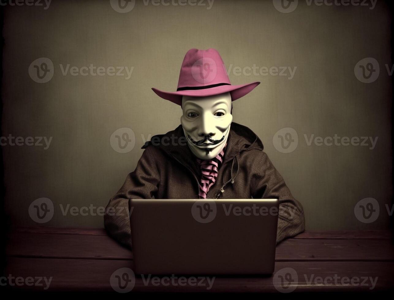 Anonymous hacker with crazy and weird fashion and steampunk style. Concept of hacking cybersecurity, cybercrime, cyberattack, etc. image photo