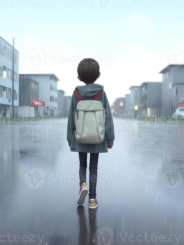 Child with raincoat and backpack. Concept of back to school. photo