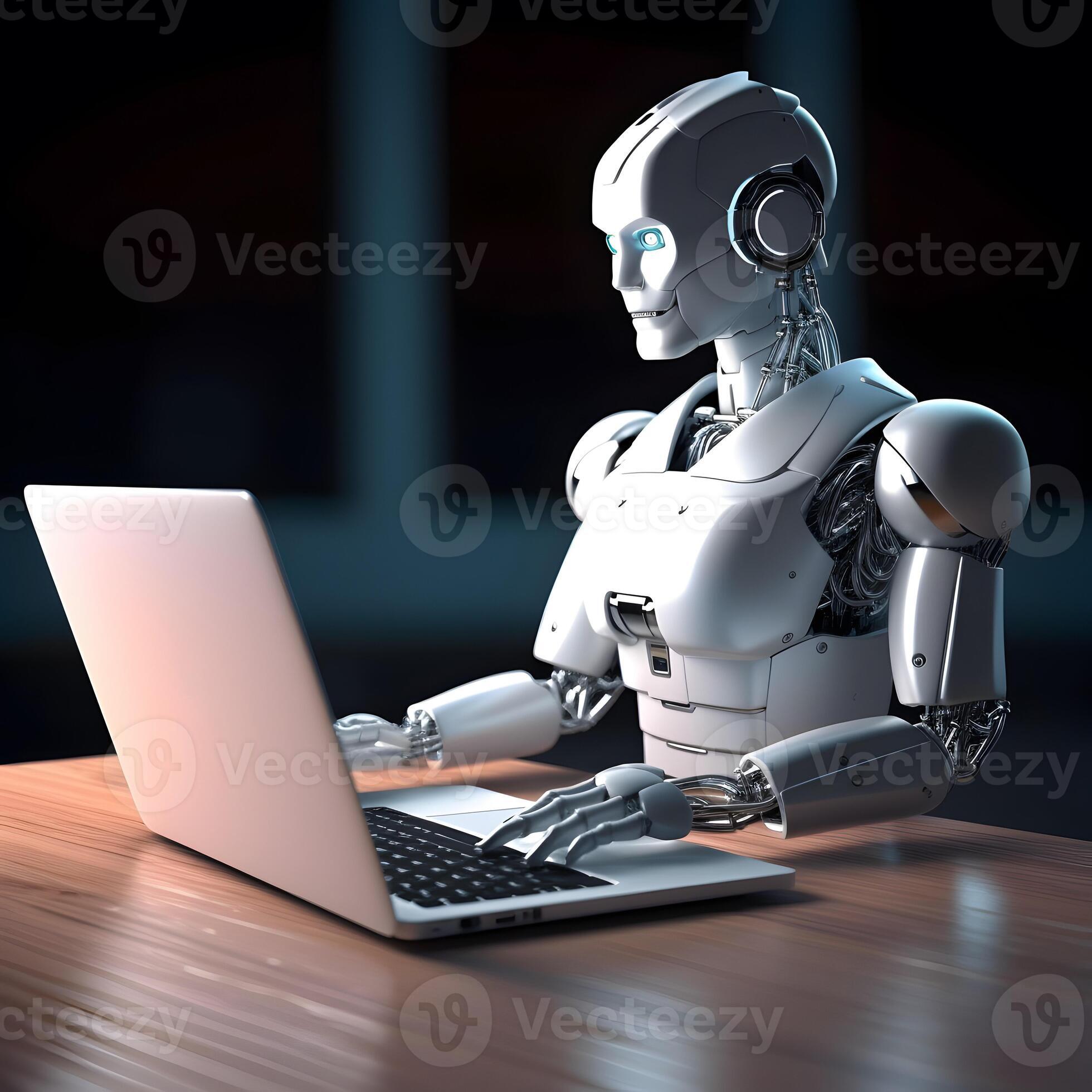 Futuristic robot using computer laptop. AI generated 24306252 Stock ...