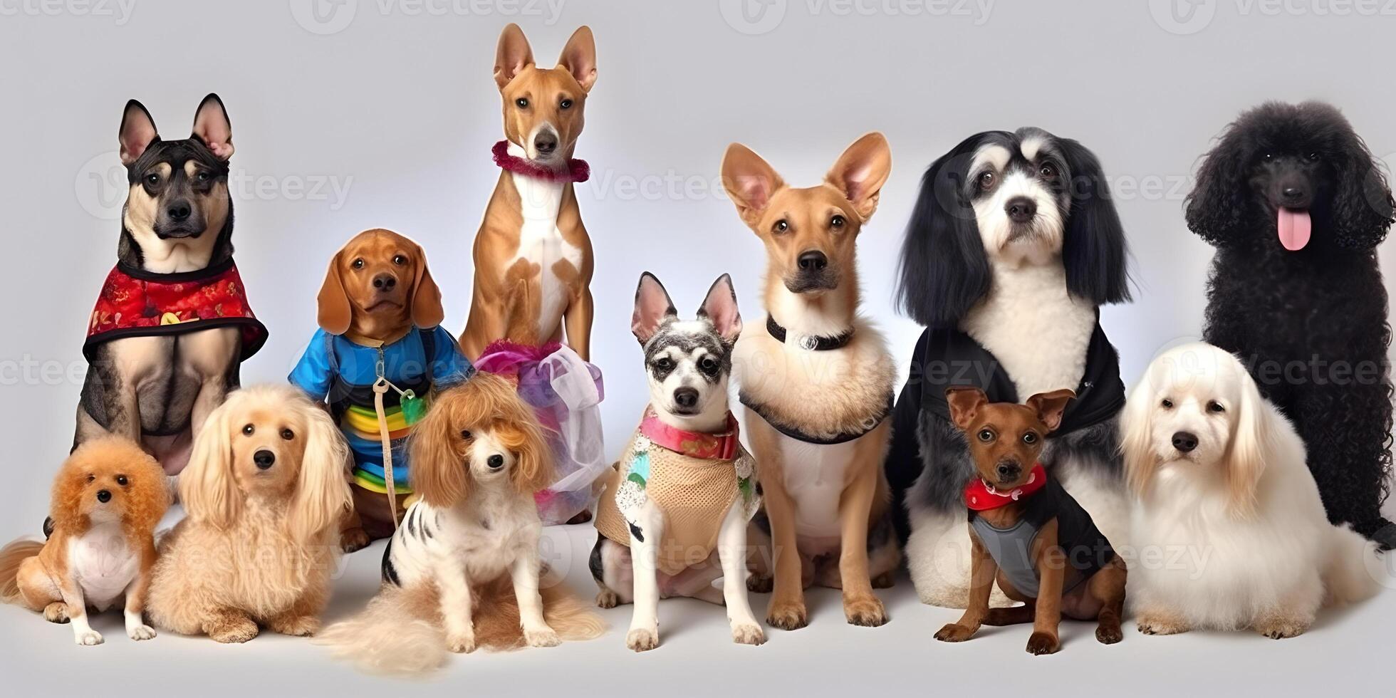 diferente tipos y tamaños de perros grupo con ropa. ai generado. foto