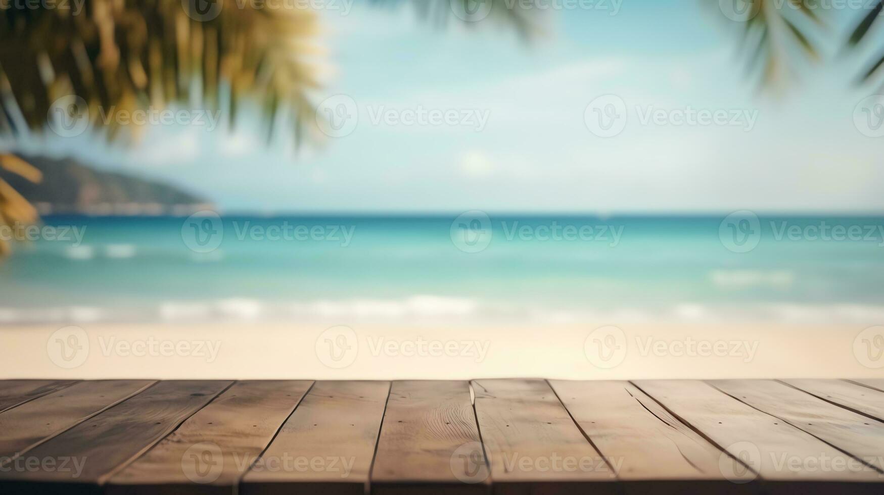 empty wooden desk mockup with blur beach background generated by ai photo