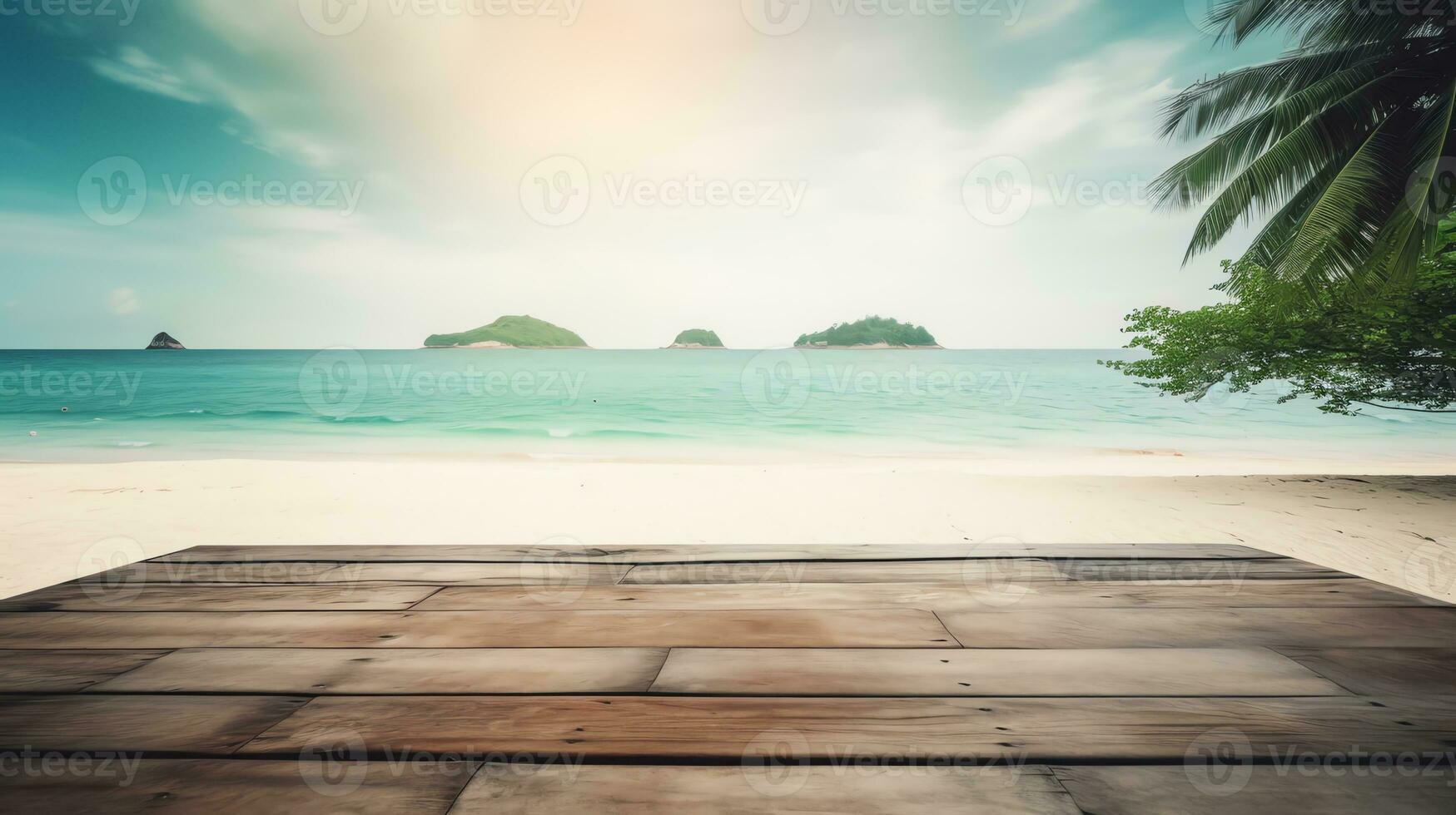 empty mockup wooden table in beach generated by ai photo