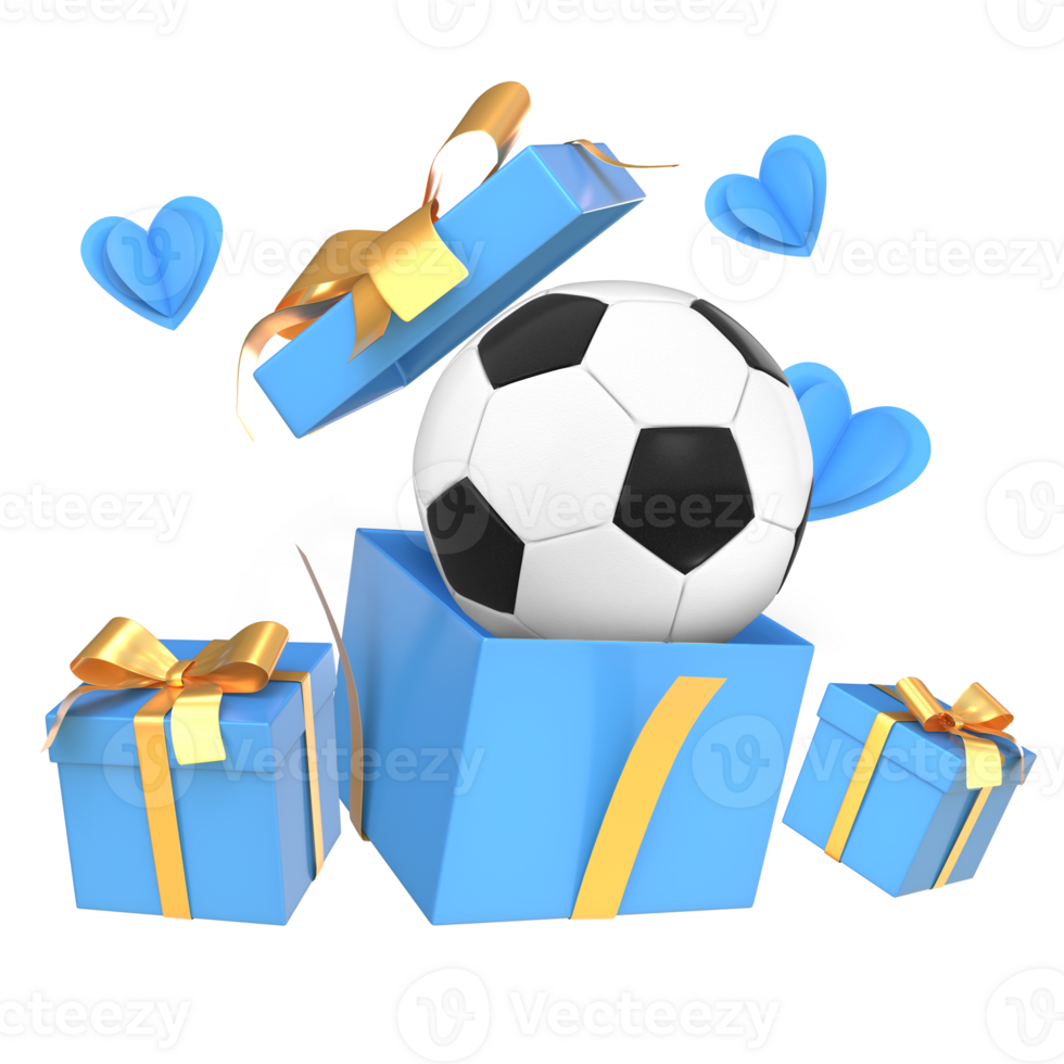 3D Rendering Surprise Soccer Ball Inside Open Blue Gift Box png