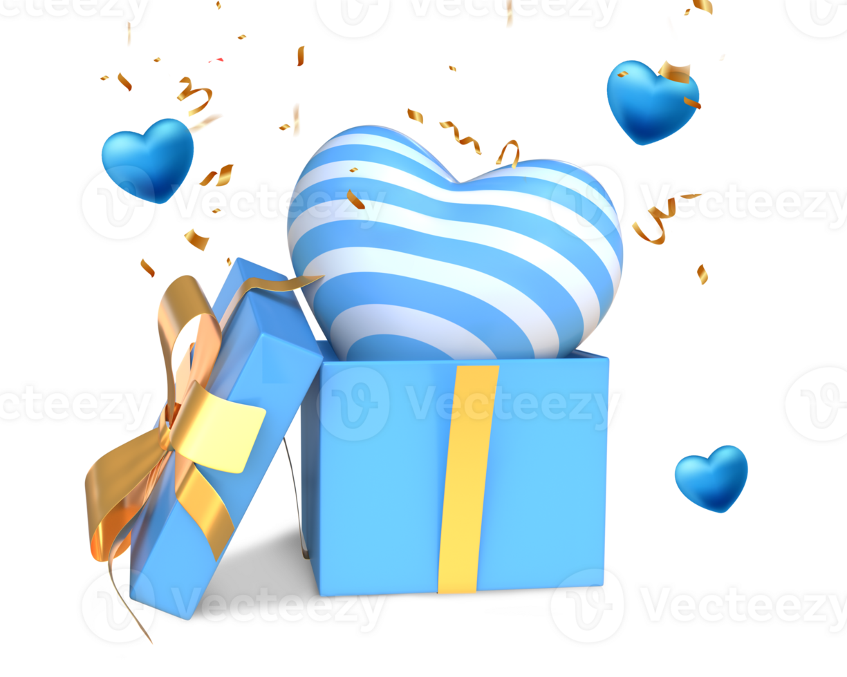 3D Rendering Blue Golden Open Gift With Blue White Heart png