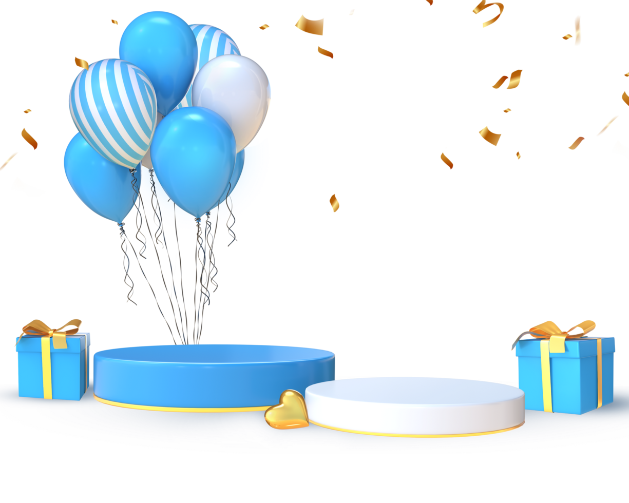 3D Rendering Two Podiums, Blue And White Balloons With Gifts For Product Placement png