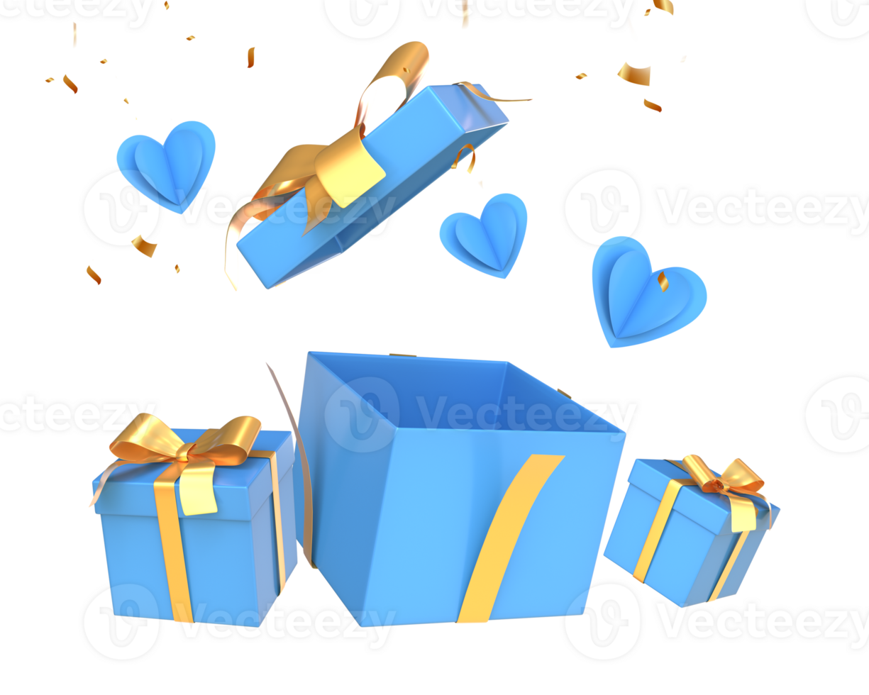 3d Rendern Blau golden Überraschung öffnen Geschenk mit Blau Herzen png