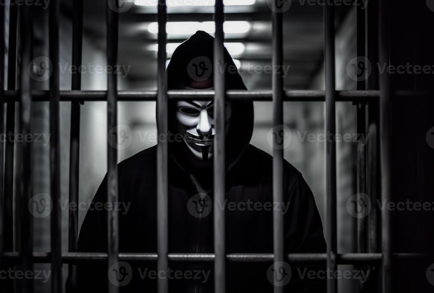 Anonymous hacker behind bars. Arrested in jail. Penalty due to cybercrime. photo