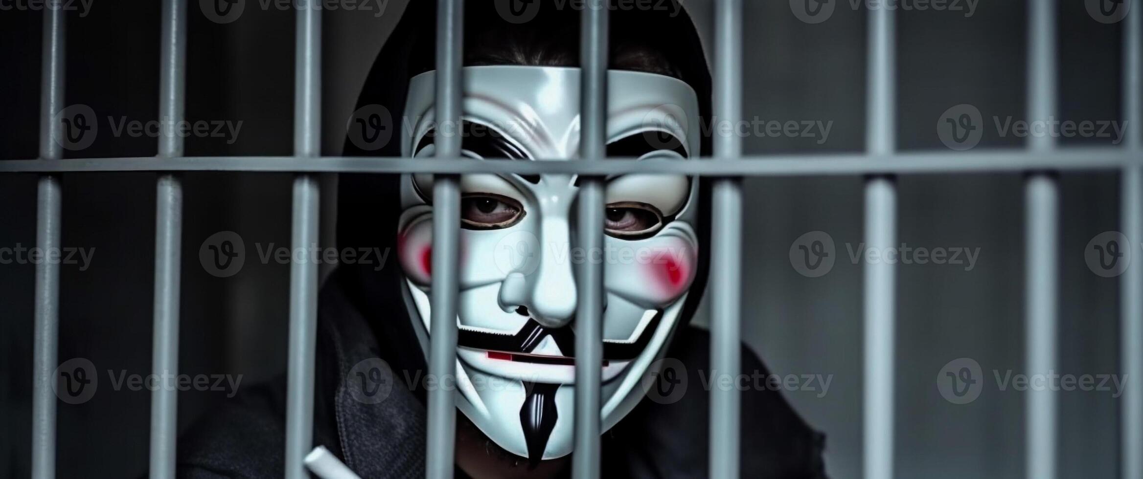 Anonymous hacker behind bars. Arrested in jail. Penalty due to cybercrime. photo