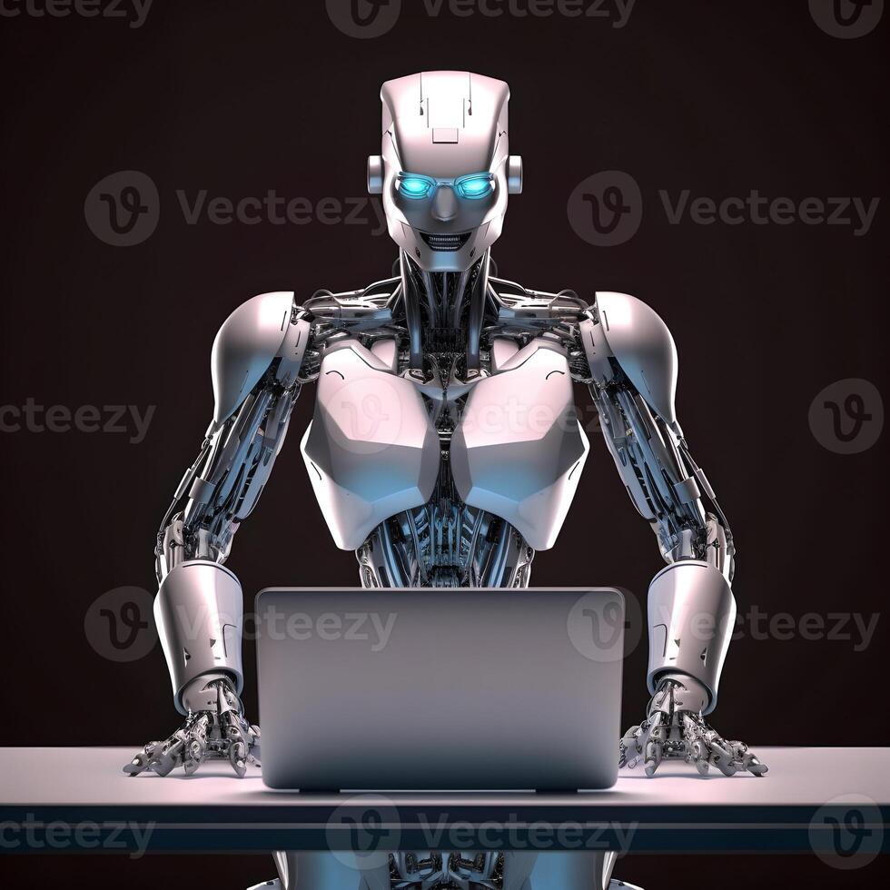 Futuristic robot using computer laptop. photo