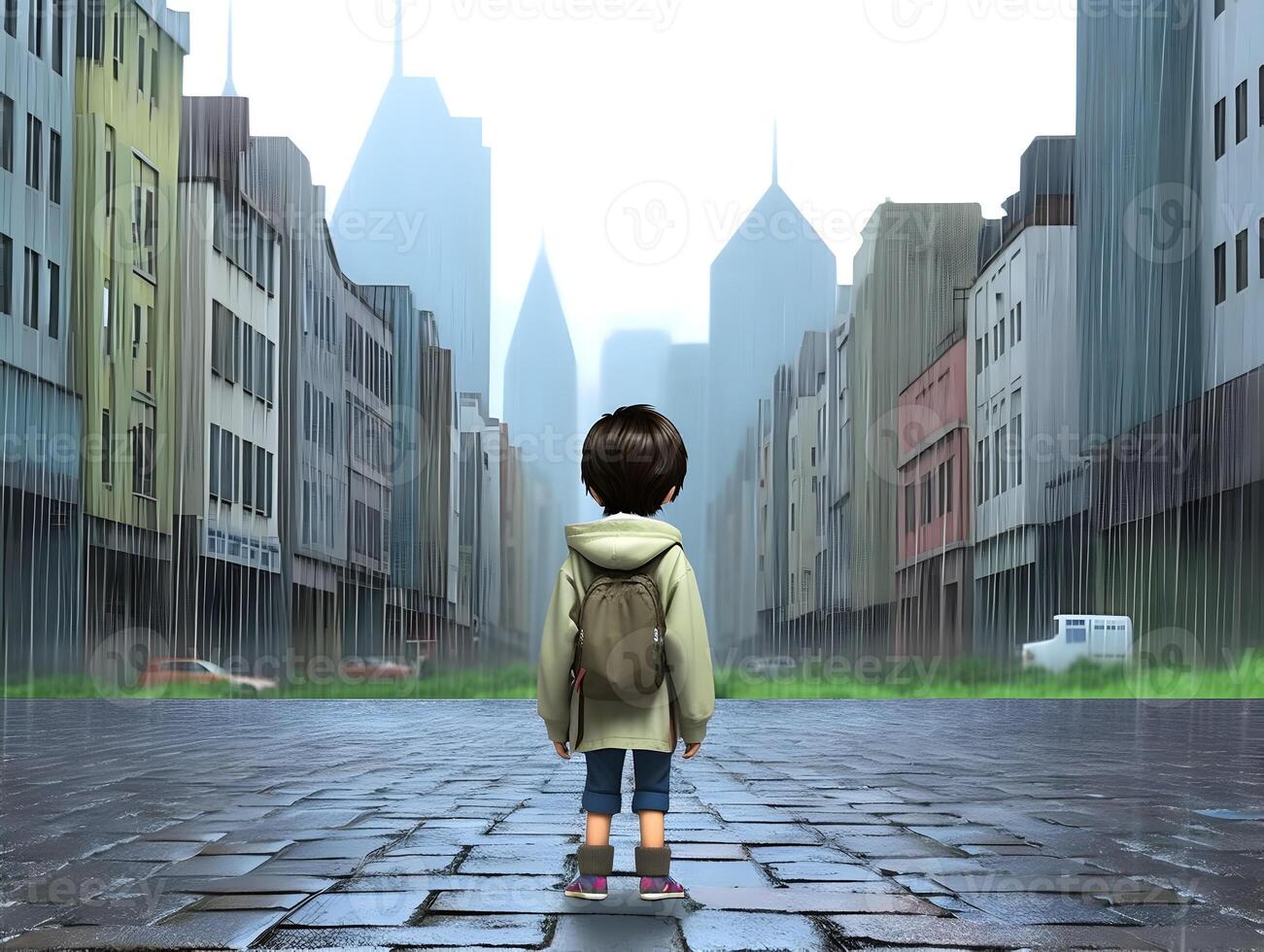 Child with raincoat and backpack. Concept of back to school. photo