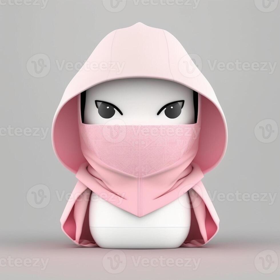 3D illustration of cute anonymous man with mask. Concept of hacker, ninja assassin, thief, wizard or money heist. Cybersecurity, Cybercrime, Cyberattack. photo