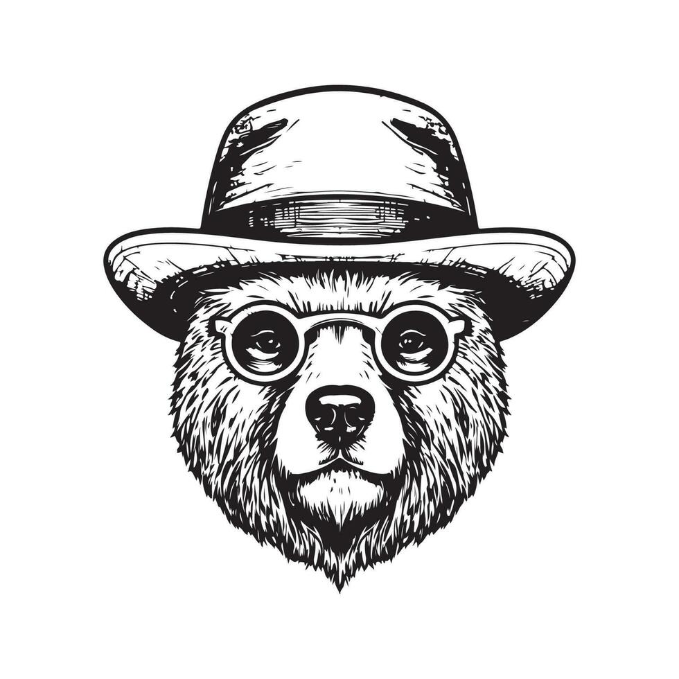 hipster oso, Clásico logo línea Arte concepto negro y blanco color, mano dibujado ilustración vector