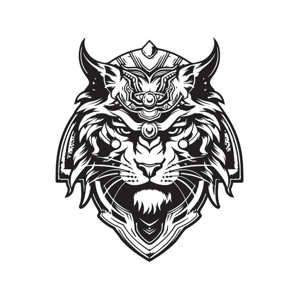 fantasy tiger warrior, vintage logo line art concept black and white color, hand drawn illustration vector