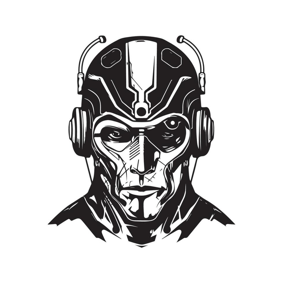 cyborg maestro, Clásico logo línea Arte concepto negro y blanco color, mano dibujado ilustración vector