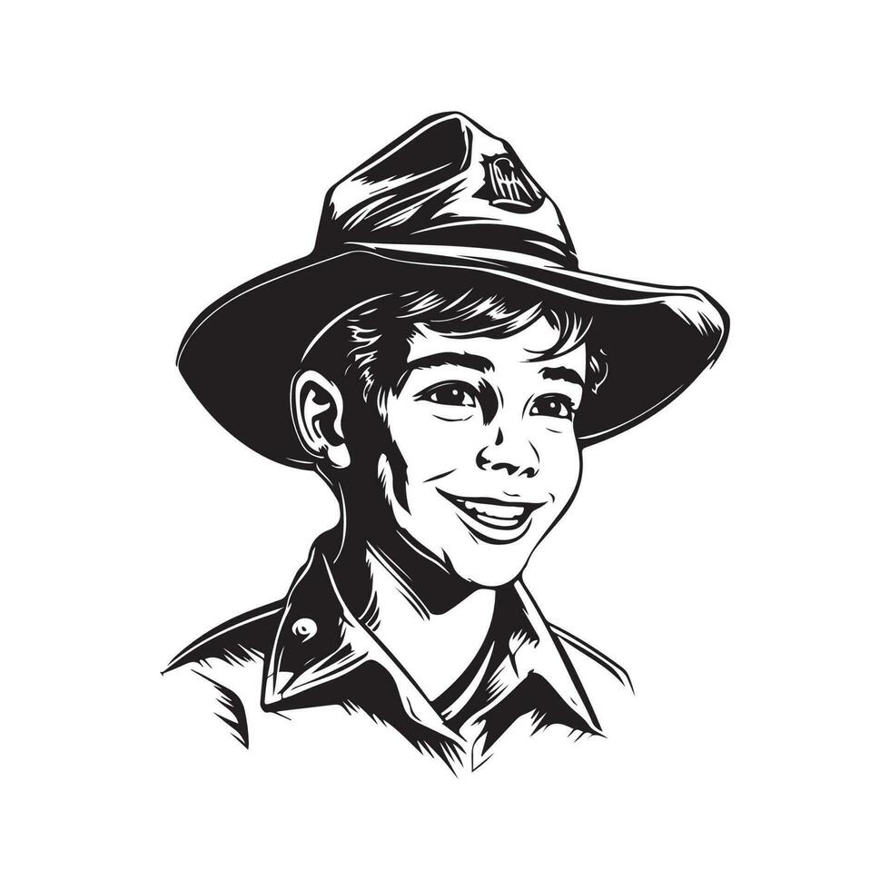 kid in boy scout hat, vintage logo line art concept black and white color, hand drawn illustration vector