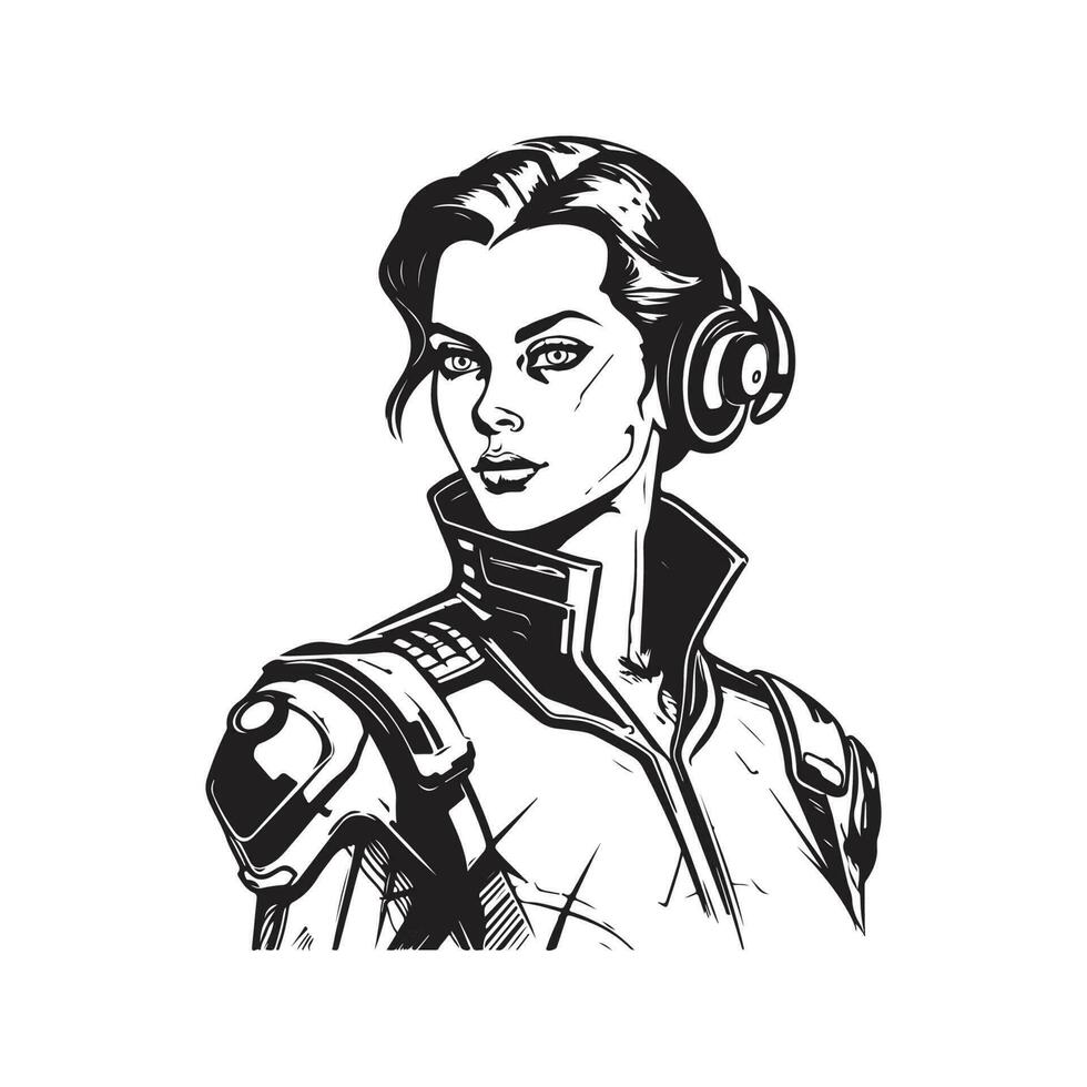 science fiction female hero, vintage logo line art concept black and white color, hand drawn illustration vector