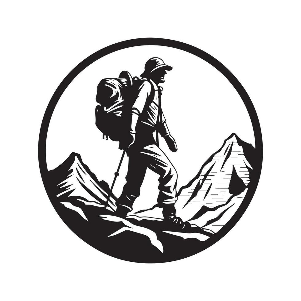 hiking, vintage logo line art concept black and white color, hand drawn illustration vector