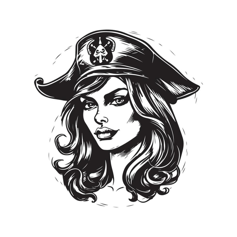 female pirate, vintage logo line art concept black and white color, hand drawn illustration vector