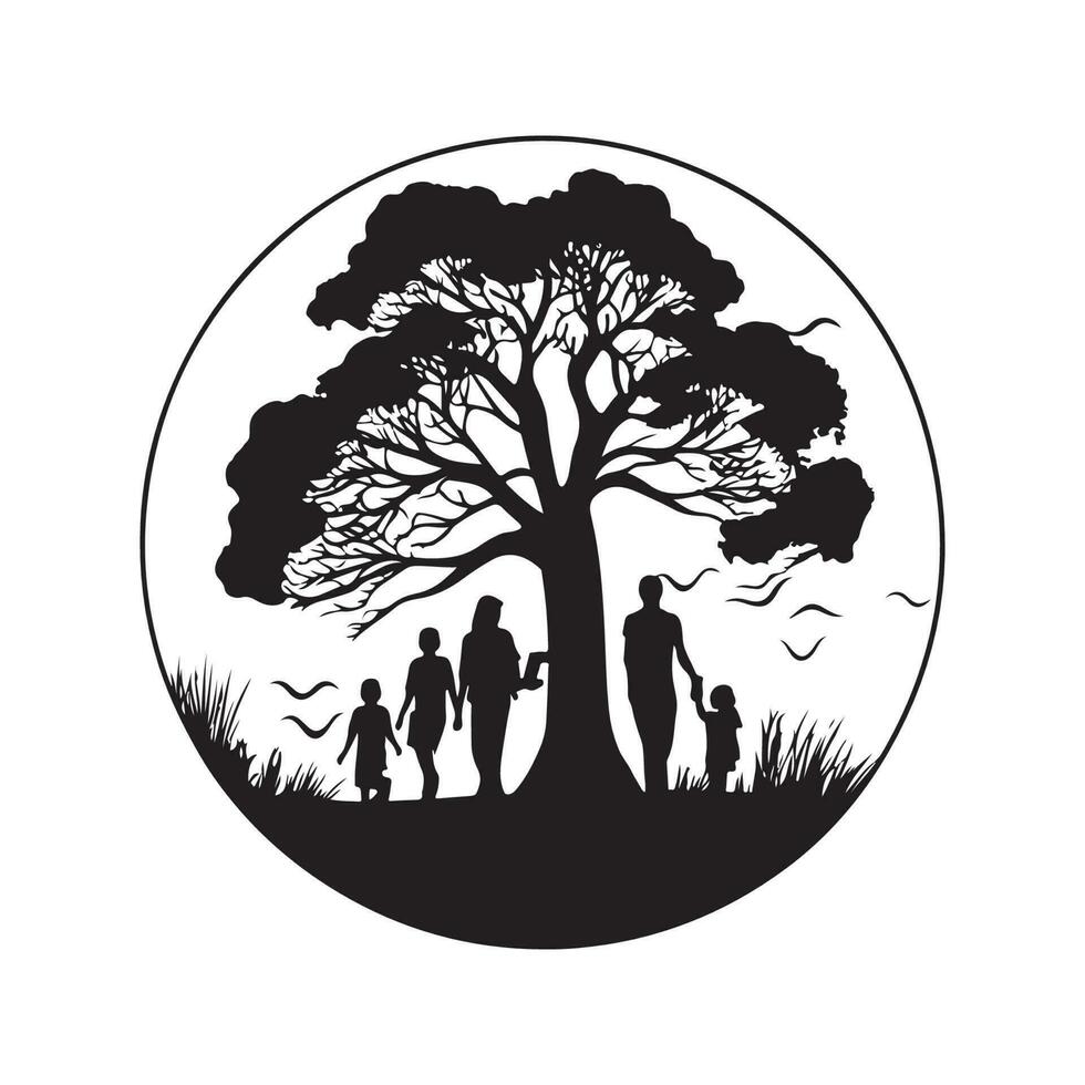 families in nature, vintage logo line art concept black and white color, hand drawn illustration vector
