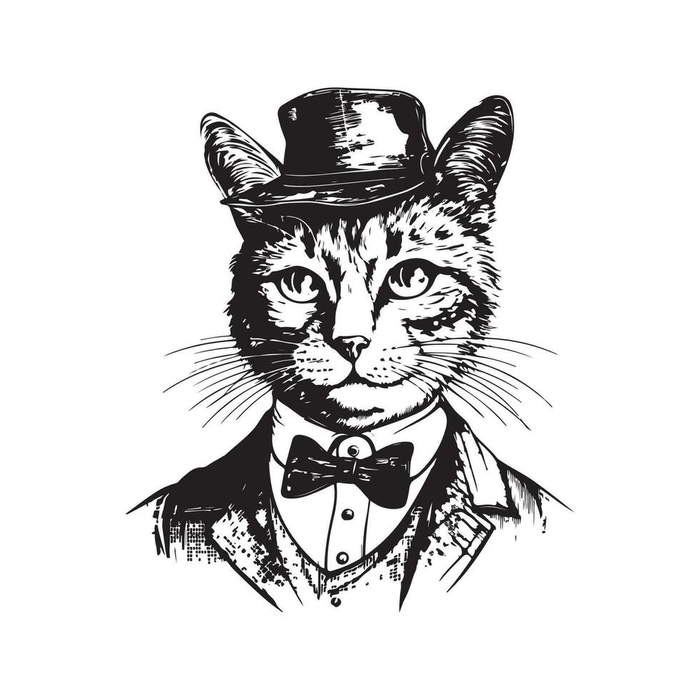 anthropomorphic cat, vintage logo line art concept black and white color, hand drawn illustration vector