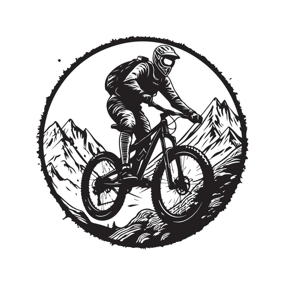 extremo deporte montaña andar en bicicleta, Clásico logo línea Arte concepto negro y blanco color, mano dibujado ilustración vector