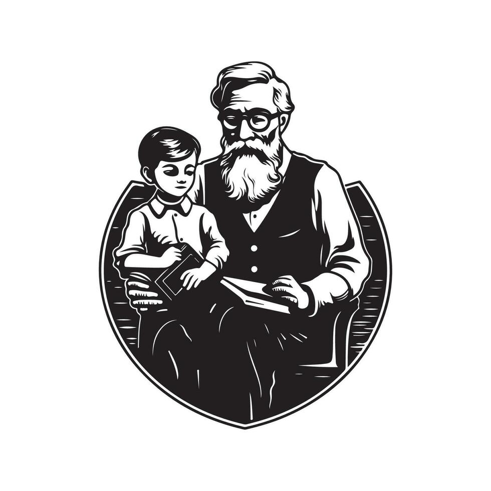grandfather and grandchildren, vintage logo line art concept black and white color, hand drawn illustration vector