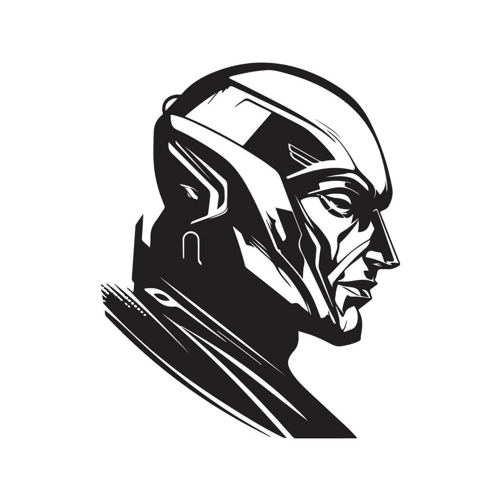 high tech man from future, vintage logo line art concept black and white color, hand drawn illustration vector