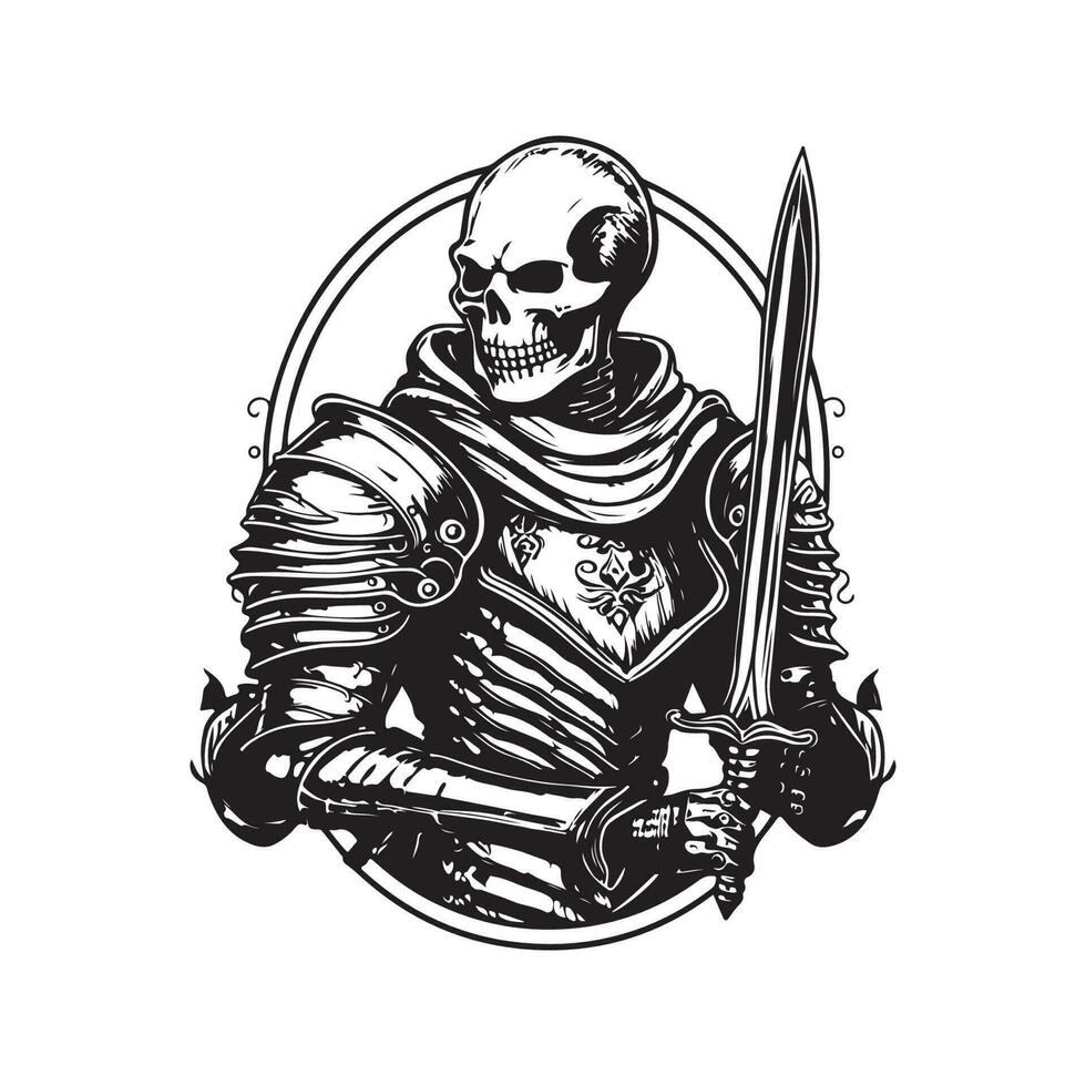 skeleton knight, vintage logo line art concept black and white color, hand drawn illustration vector