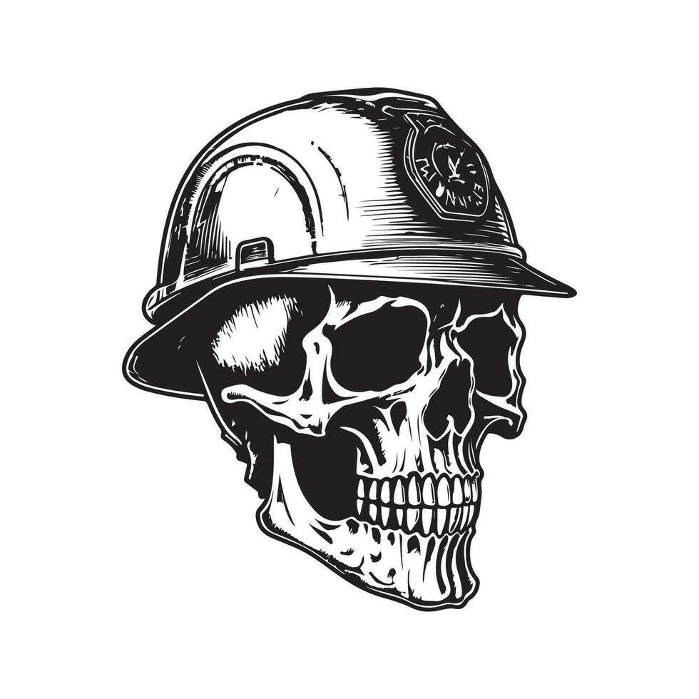 skull of worker wearing hard hat, vintage logo line art concept black and white color, hand drawn illustration vector