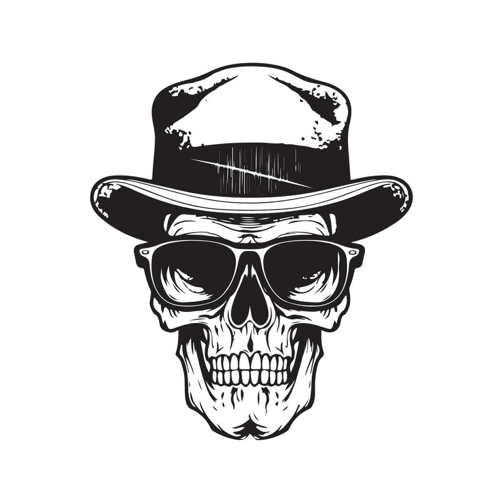 hipster skull, vintage logo line art concept black and white color, hand drawn illustration vector